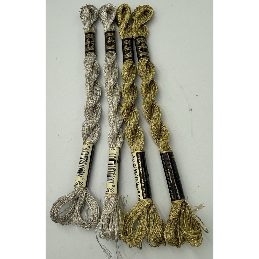 DMC Metallic Pearl 27.3 Yard Skein Size 5 Color 5283 & 5282 Silver Gold Lot Of 4